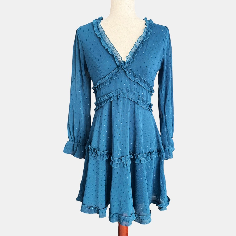B Darlin Teal Dot Ruffle Long Sleeve Mini Dress sz 4 6 Y2K Boho fairy coquette